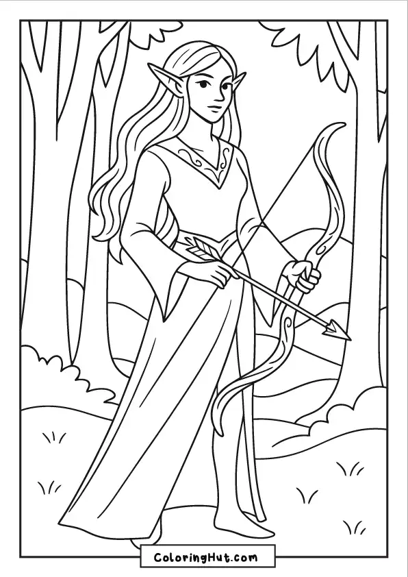 Calm elf archer holding a bow and arrow while walking through a dense forest