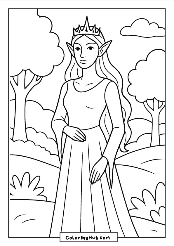Graceful elf princess wearing a crown standing peacefully among trees
