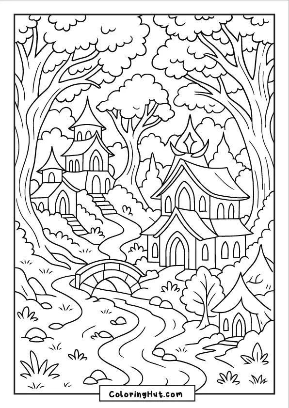 Scenic elf village with wooden houses, stone bridge, and trees by a winding river