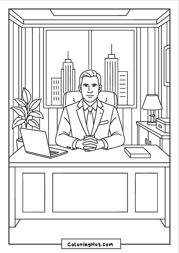 A confident executive in a suit sitting at a desk with skyscraper windows in the background and office decor around.