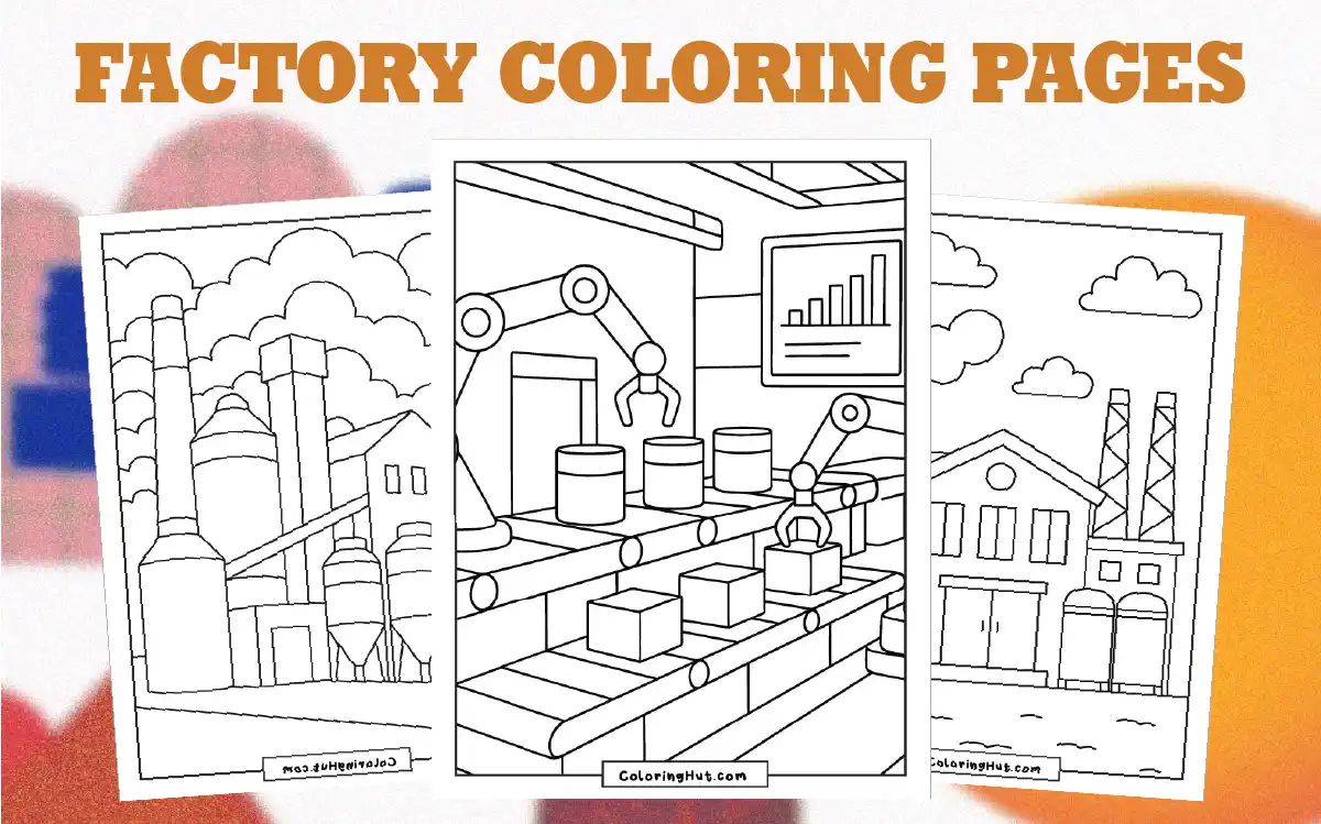 Industrial factory scene with conveyor belts and robotic arms, designed for educational coloring fun.