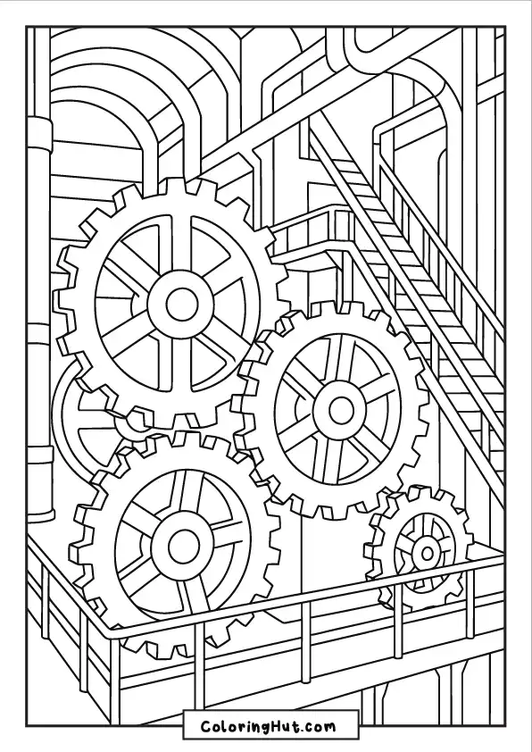 Large interconnected gears inside an industrial facility with metal stairs and railings