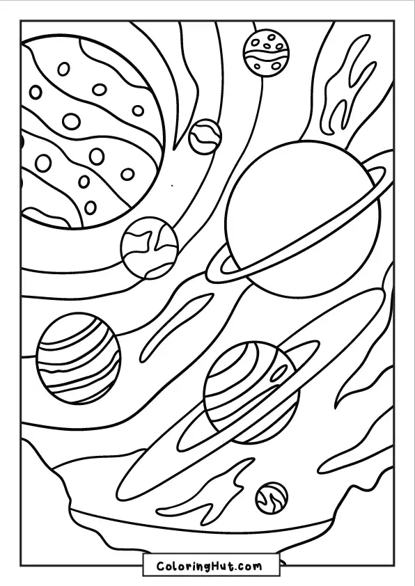 A dreamy outer space view with many stylized planets, swirling shapes, and rings floating in a galaxy background.