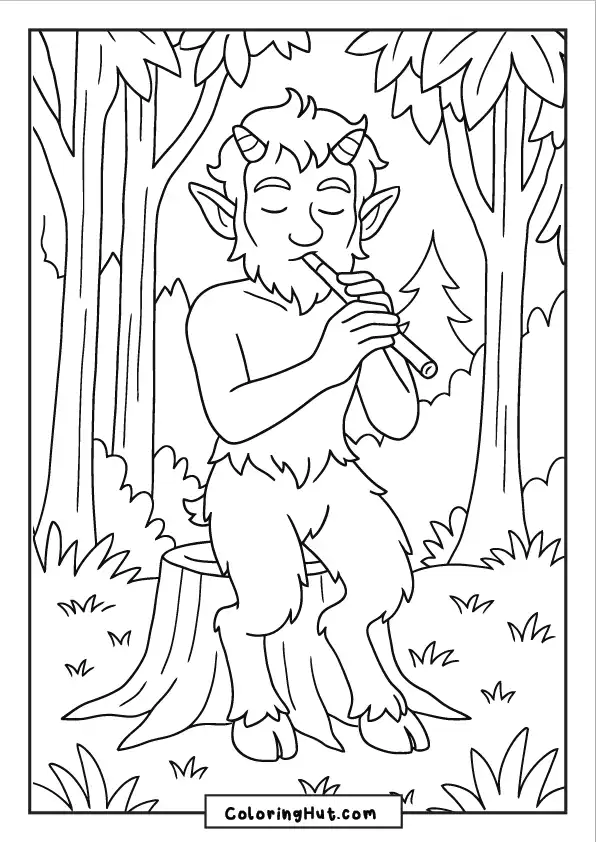 Serene faun playing a flute while sitting on a tree stump in the woods