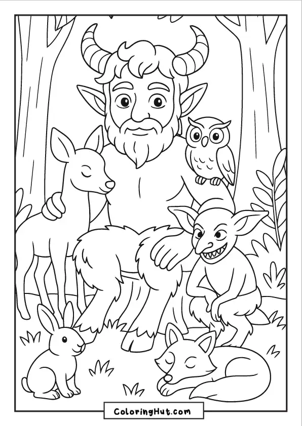 Gentle faun sitting with deer, fox, owl, bunny, and goblin friend in a peaceful forest