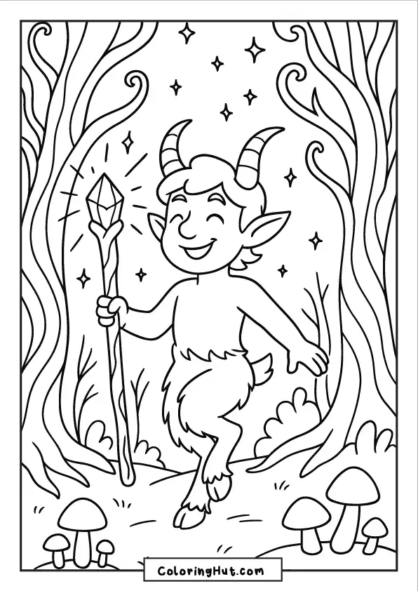 Smiling faun with a crystal staff surrounded by glowing stars and curly trees