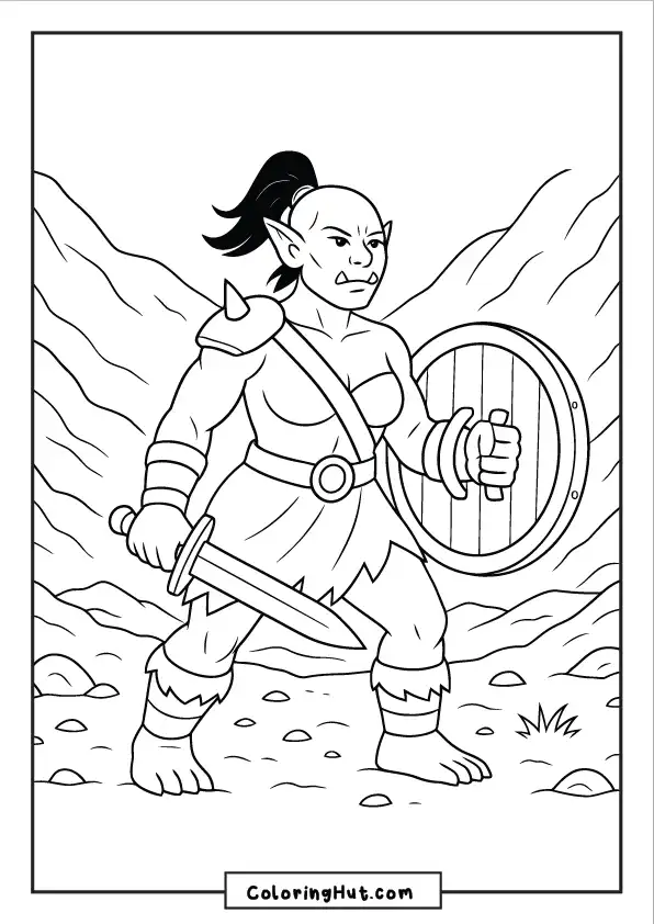 A determined female orc holding a sword and round shield in front of a mountainous backdrop.