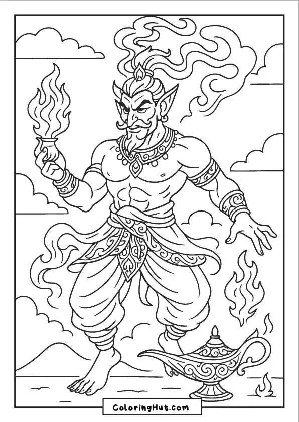 Strong djinn with blazing hair and magical pants holding a torch beside a magic lamp