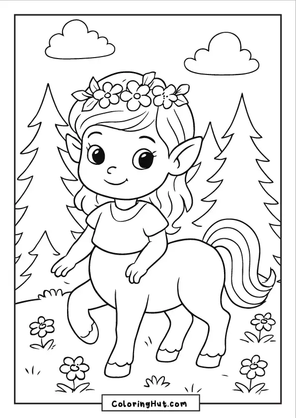 Adorable little centaur girl with a flower crown standing among trees and flowers