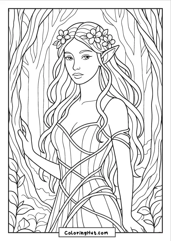 Beautiful nymph with long flowing hair and a flower crown in the forest