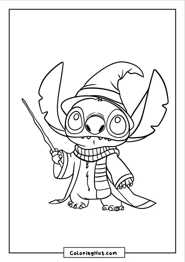 A cute alien character in wizard attire, wearing a hat and scarf, holding a wand ready for magic.