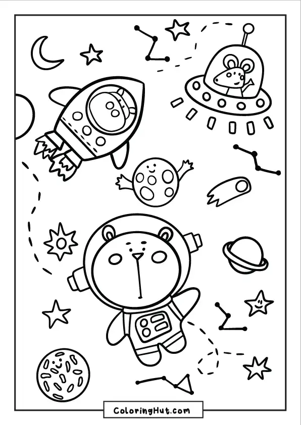 Cute bear in a space suit floating through a whimsical galaxy filled with stars, rockets, planets, and UFOs.