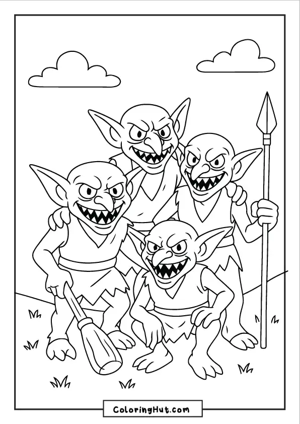 Group of four mischievous goblins standing together with clubs and spears, ready for trouble