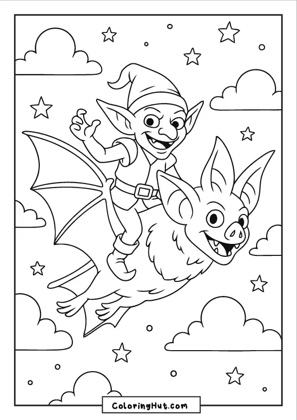 Cheerful goblin flying through a starry sky while riding on the back of a giant bat