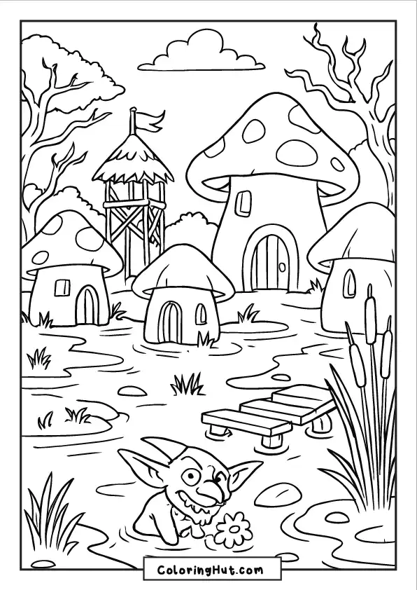 Happy goblin holding a flower near whimsical mushroom-shaped houses in a swampy village