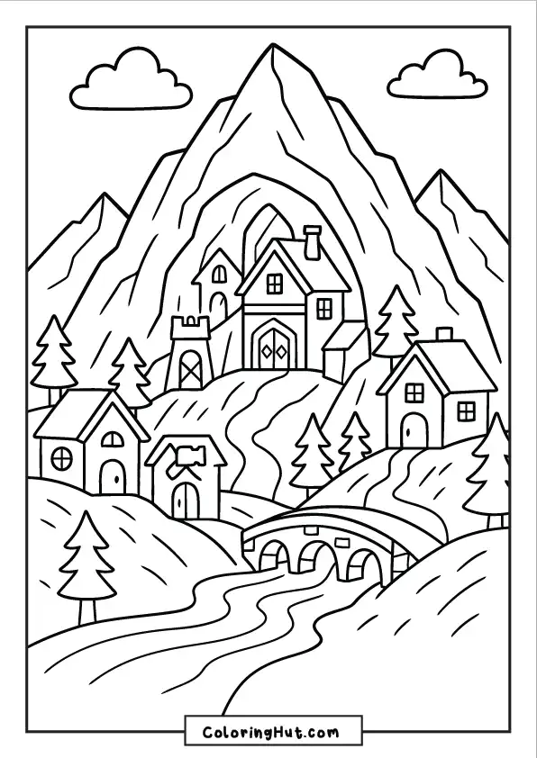 Whimsical dwarf village nestled in the mountains with houses, trees, and a flowing river