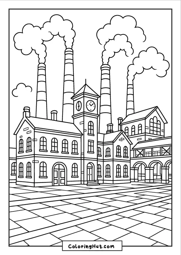 Vintage clock-tower factory with multiple smokestacks emitting steam into the sky