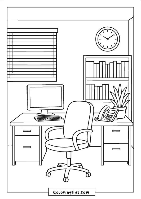 A clean home office setup with a swivel chair, desktop computer, telephone, and bookshelves near a window.