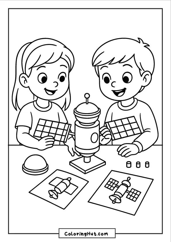 Smiling boy and girl assembling a paper satellite model on a desk