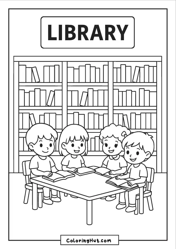 Four cheerful children sitting at a table reading books in a library setting
