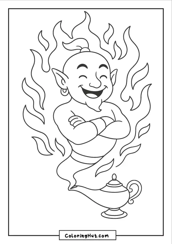 Playful djinn surrounded by fire rising from a magic lamp with arms crossed