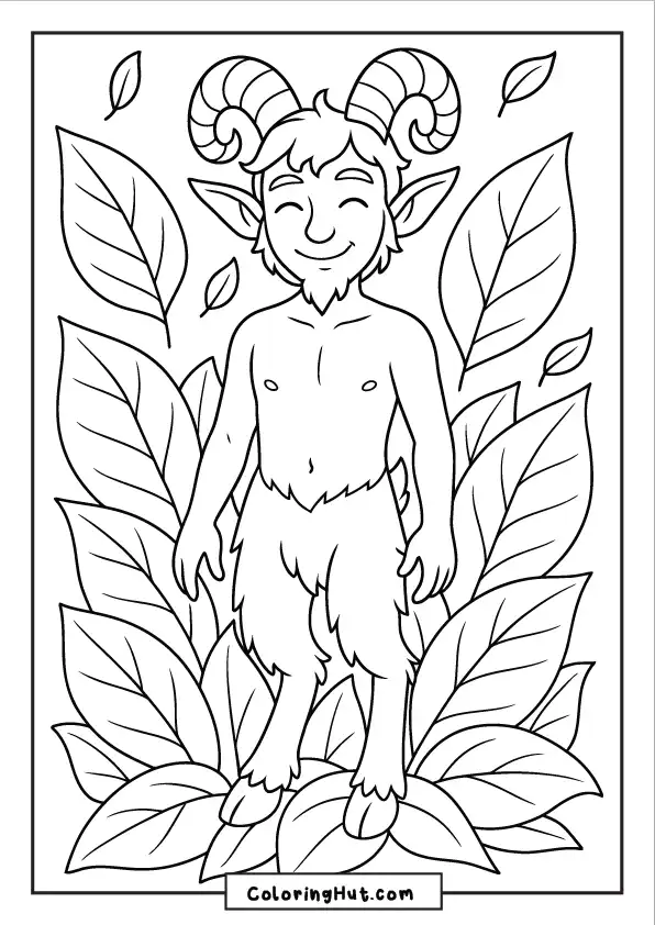 Happy faun surrounded by oversized forest leaves