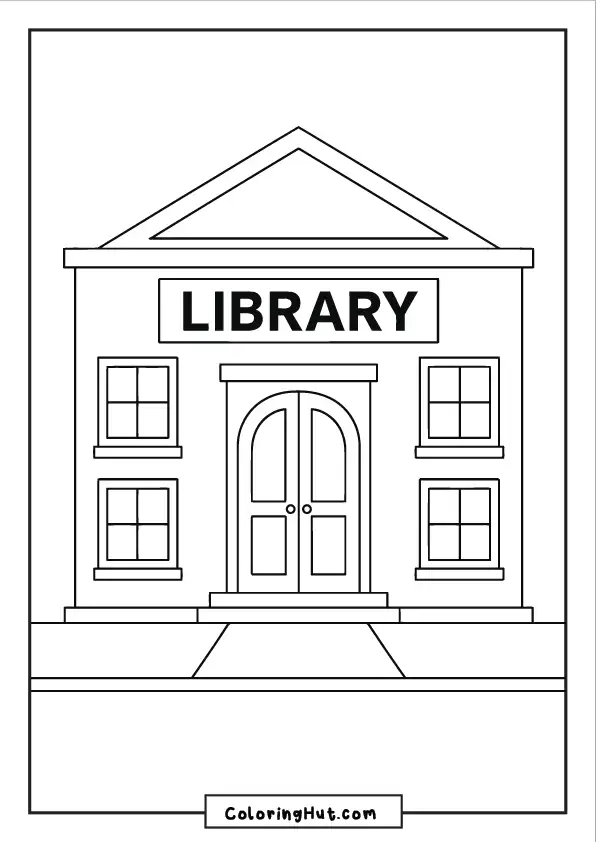Simple library facade with labeled sign and symmetrical windows and entrance