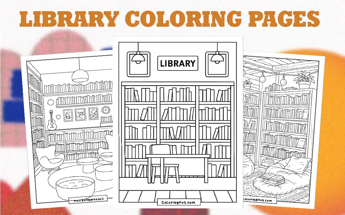 Interior of a cozy library filled with bookshelves, desk, and reading lamps in a black-and-white outline.