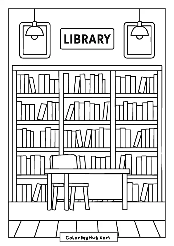 Wooden desk with chairs in front of tall bookshelves under library signage