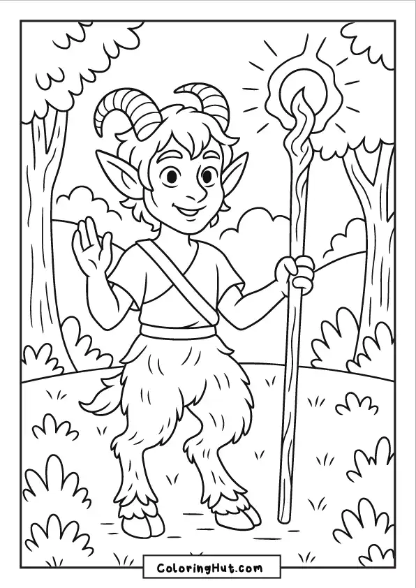 Friendly faun holding a magical staff, waving in a forest clearing