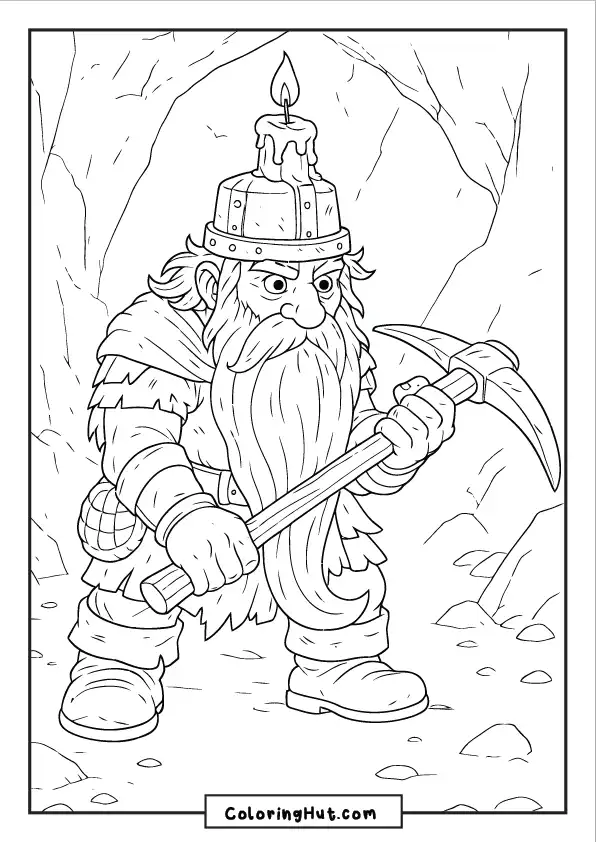 Bearded dwarf with candle helmet holding a pickaxe deep inside a mining cave