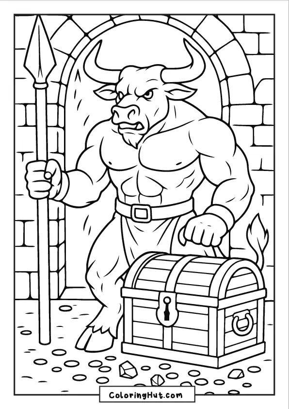 Muscular minotaur guarding a treasure chest with a spear in a stone chamber