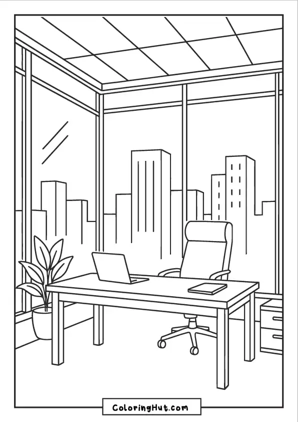 A modern executive desk in a glass-walled office overlooking tall buildings, with a laptop and indoor plant.