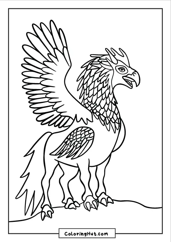 Majestic griffon standing tall on a rocky cliff, wings raised dramatically.
