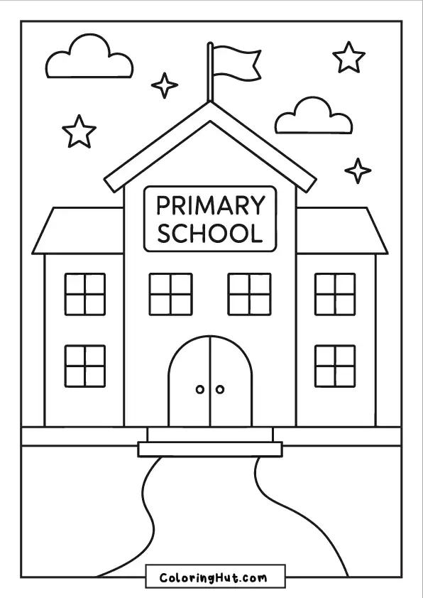 Primary school under a night sky with stars, a waving flag, and curved pathway leading to entrance