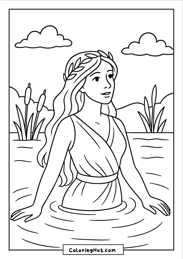 Graceful nymph standing in a calm lake surrounded by reeds and mountains, wearing a leaf crown and flowing dress