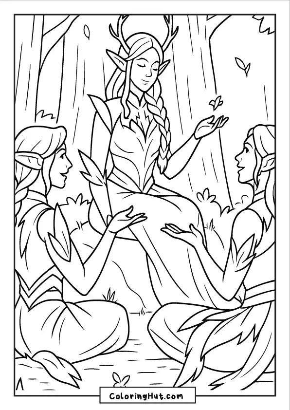 Three mystical nymphs seated together in a forest, surrounded by butterflies