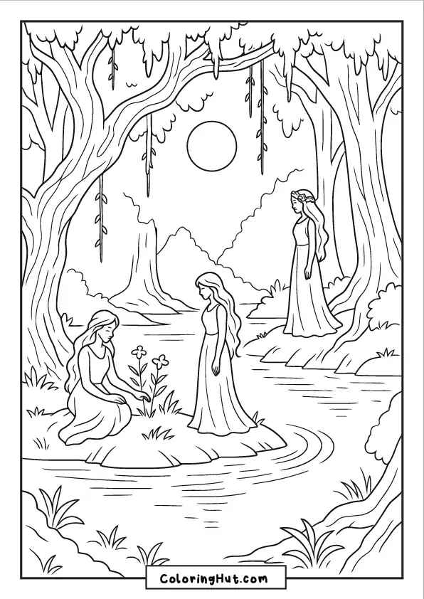 Group of nymphs near a magical stream under the glowing moon