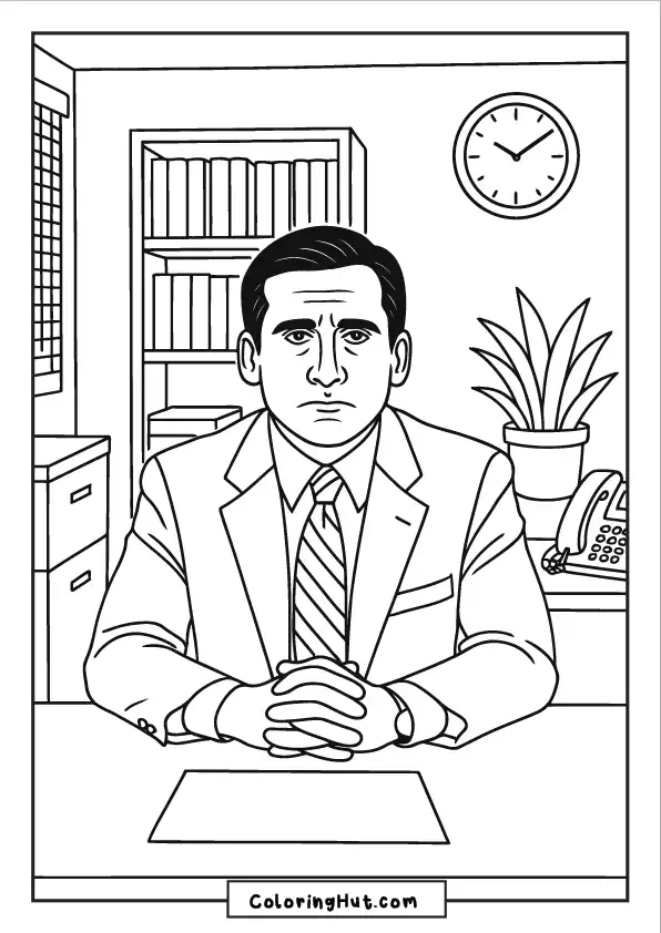 A serious-looking office manager sitting at his desk with hands folded, surrounded by bookshelves and a phone.