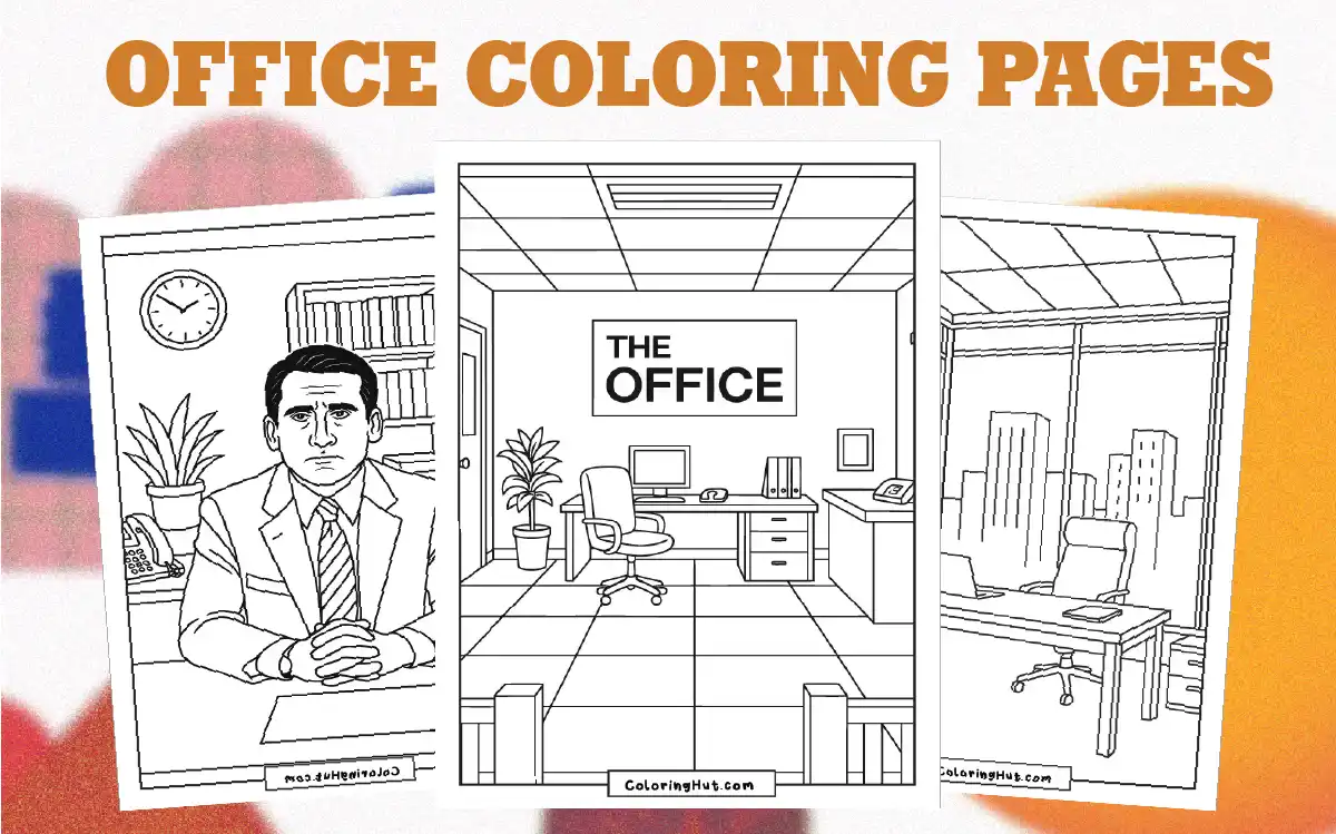 Minimalist office space with desk, chair, computer, and bookshelf, drawn in black and white for coloring.