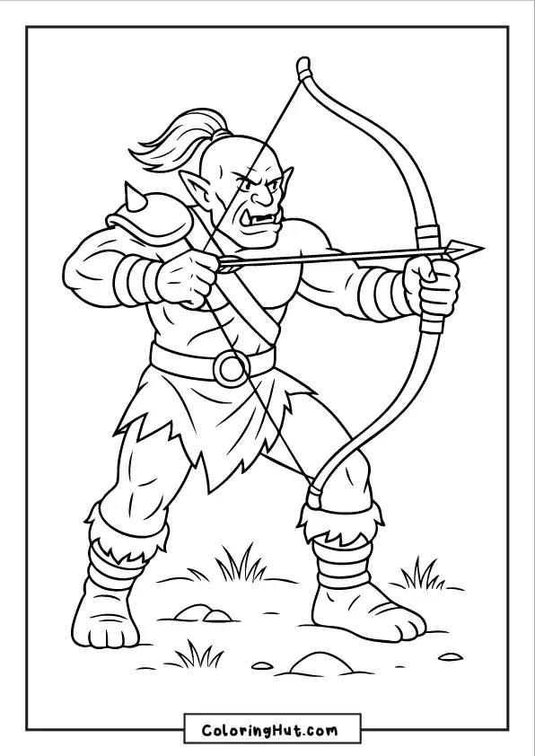 An orc with a focused expression pulling back a bowstring, aiming an arrow.
