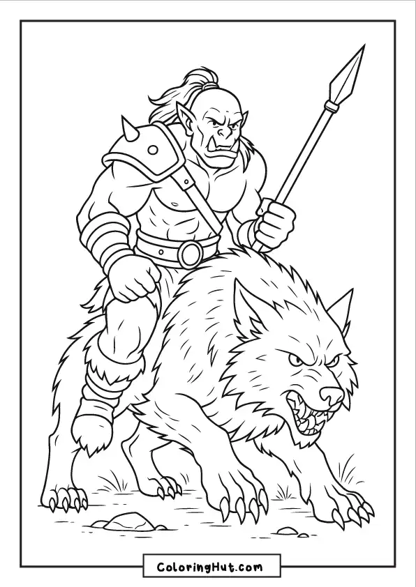 A fierce orc warrior wielding a spear while riding a snarling wolf-like beast.