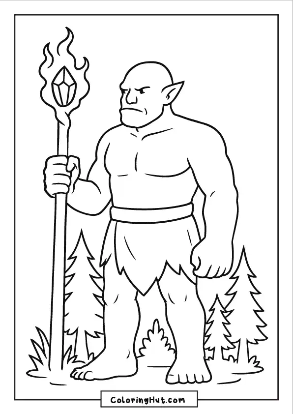 A strong orc holding a magical staff with a glowing crystal, standing in a forest clearing.