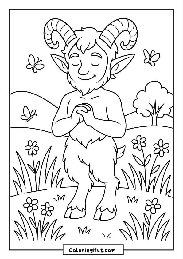 Calm faun standing with eyes closed in a field of flowers and butterflies
