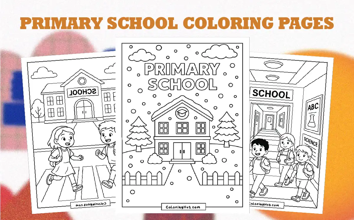 Friendly school building with trees and children walking, ideal for back-to-school themed coloring activities.