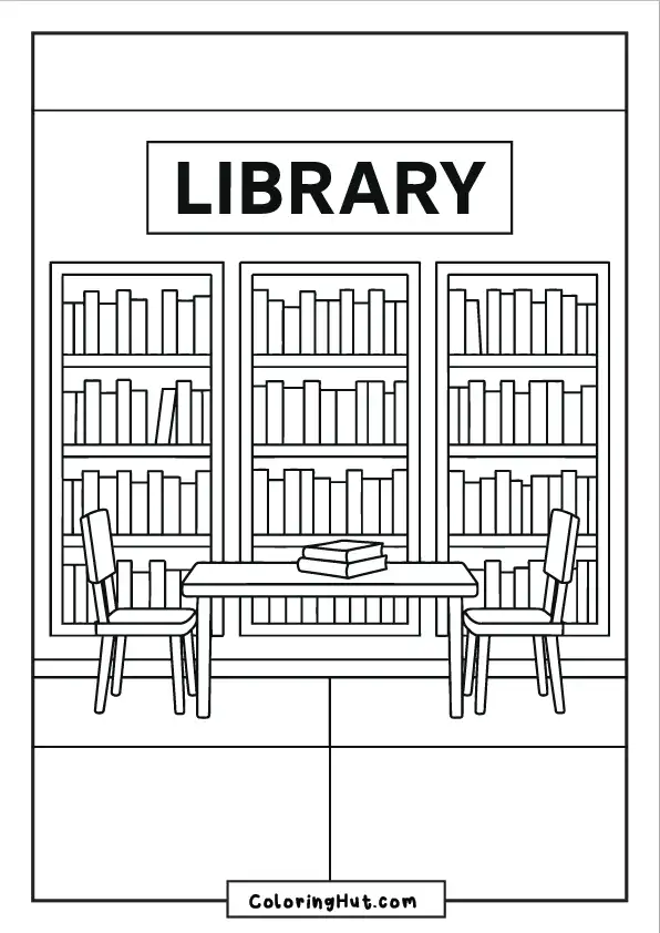 A pair of chairs and books placed on a study table in front of packed bookshelves