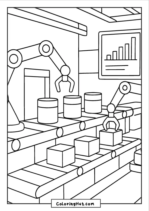 Mechanical robot arms placing boxes and containers on a moving conveyor belt in a modern factory