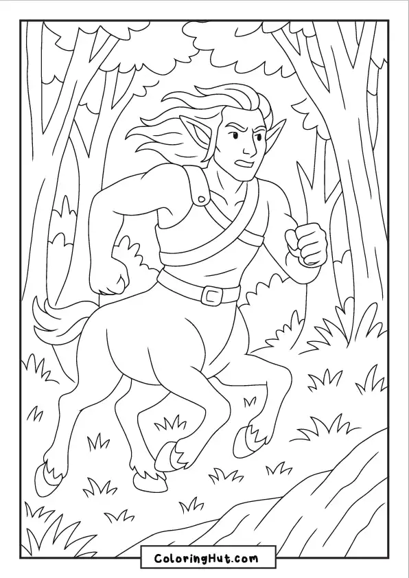 Determined male centaur charging through dense forest with wind-swept hair