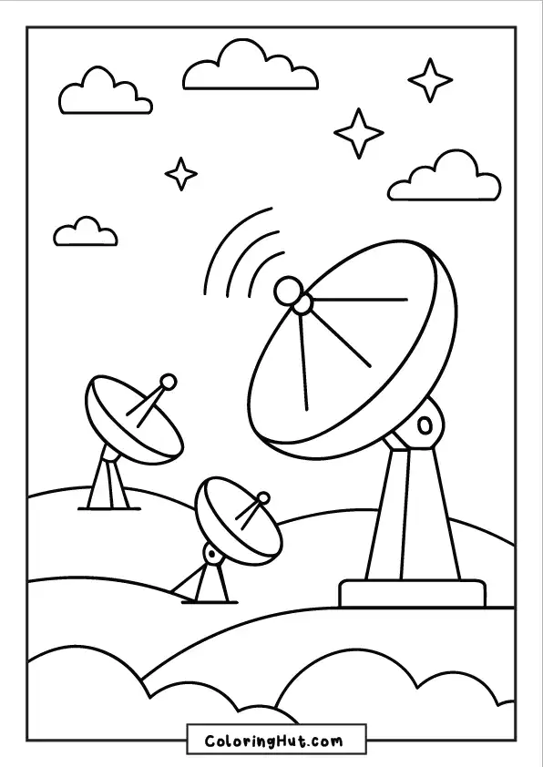 Ground satellite dishes aimed at sky filled with stars and clouds