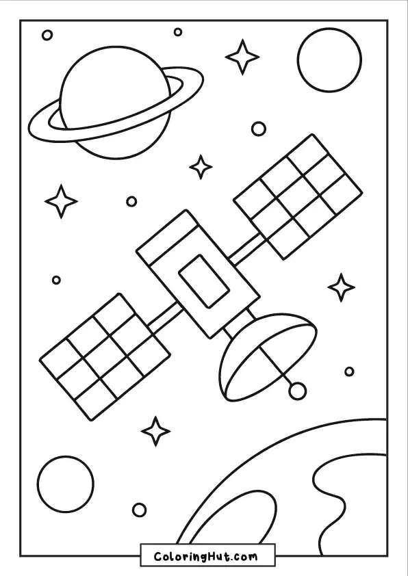 Satellite drifting between Saturn and Earth with stars scattered throughout